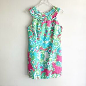 Lilly Pulitzer 6 Lindy Beaded Yoke Shift Dress Floral Print Blue Green Pink